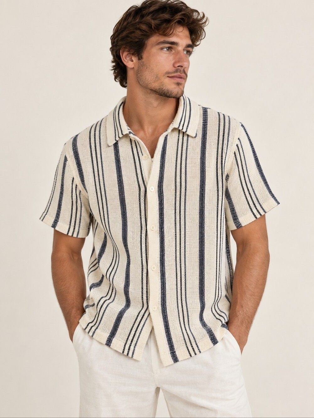 Zara Men’s Cream Navy Striped Open Weave Button-Up Shirt Size S